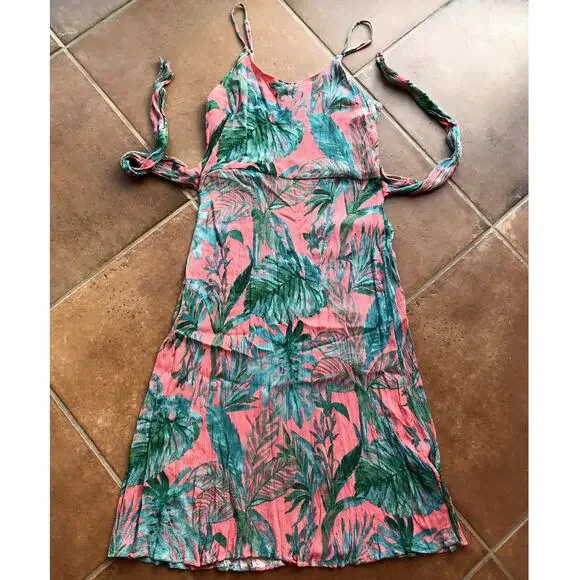 Cynthia Rowley Coral and Green Crinkle Fabric Slip Dress with Side Ties size 12 - Picture 10 of 10
